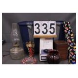 Blue Tote W/ Oil Lamp - Red Vase - Cigar Box  -
