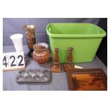 Gree Tote W/ Vases - Wood Etched Picture - Candle-