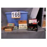 Blue Tote Of Jewelry Boxes Includes Vintage Wood -