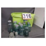 Green Tote Of Blue Mason Jars And Insulaters