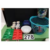 Basket w/ Holiday Tin ~ Pyrex Bowl ~ Coffee Cups ~
