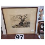 Etching By Carl Boswart Tree and Well 20 X 17.5