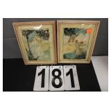 2 VTG Bubble Glass Reverse Paintings 5" X 7"
