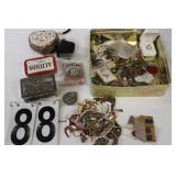 Tin of Costume Jewelry w/ Faux Pearl Braclet