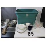 Green Tote w/ Glasses ~ Baking Dishes ~ Plate ~