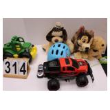 Blue Tote of Toys w/ Cars & Stuffed Animals