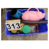 Blue Tote w/ Garden Items w/ Pink Pig Watering Can