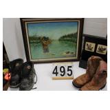 Box w/ Fishing Picture ~ Boots ~ Small Waste Can ~