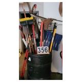 Barrel of Garden Tools ~ Snow Shovels ~ Rakes