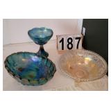 Blue Carnival Glass Bowl ~ Blue Compote ~ Large