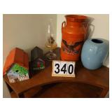 Milk Can ~ Blue Vase ~ Oil Lamp ~ 2 Bird Houses