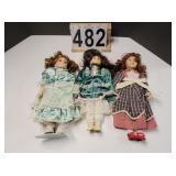 3 Porcelain Doll ~ 2 Have Green Dresses