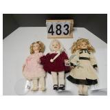 3 Porcelain Doll ~ 1 Has Burgundy Dress in Tote