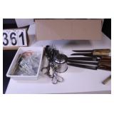 Box of Kitchen Knives ~ Tongs ~ Other Flatware