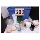 Blue Tote of Glassware w/ Pink Candy Dish ~