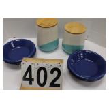 6 Blue Bowls & 2 Ceramic Canisters