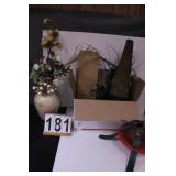 Box W/ Christmas Items Includes Vase W/ Flowers -