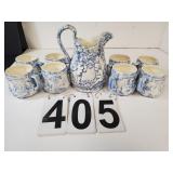 Blue & White Ceramic Pitcher Featuring Cherubs-