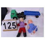 2 VTG Dolls - Toy Truck W/ Trailer