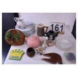 Box W/ Tea Pots - Basket - Tin - Cups - Bud Vase