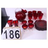 Red Glass Pitcher ~ Cups ~  Plates ~ Cream & Sugar