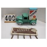 Metal Car W/ Cracker Tin ~ Laundry Sign
