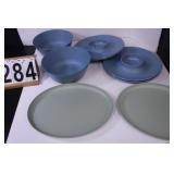 3 Blue Party Bowls - 4 Chip N Dip Plates- 2-