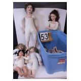 Blue Tote W/  7 Porcelain/ Cloth Dolls