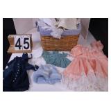 Wicker Basket Of Assorted Doll Clothes
