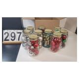 9 Ball Canning Jars W/ Christmas Ornaments