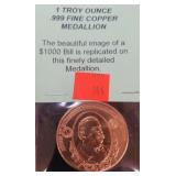 1 Troy Ounce .999 Fine Copper Medallion -