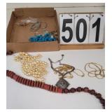 Flat Of Costume Jewelry W/ Wooden Necklace