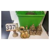 Green Tote of Brass Items w/ Candle Holders ~