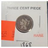 Three Cent Piece Rare 1868
