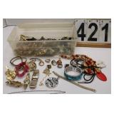 Tub of Costume Jewelry W/ Blue Stoned Bracelet