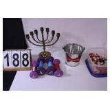 Brass Menorah ~ Hand Weights ~ Budweiser Bucket