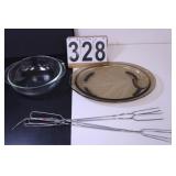 Pyrex Clear Bowl - Pyrex Platter - Hot Dog Forks