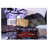 Box of Purses and Bags w/ Purple Duffle Bag