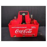 Coca-Cola 32oz Plastic Caddy & 5 Vintage Bottles