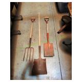 (2) Wood Handle Shovels & Pitch Fork