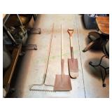 (2) Wood Handle Shovels & Wood Handle Yard Rack