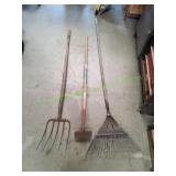 Wood Handle Pitch Fork, Yard Rake & Garden Hoe