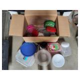 Box of Plastic Bowls, Lids & More