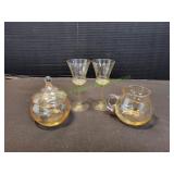 Amber Creamer&Sugar w/(2)Yellow Cocktail Glasses