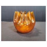 Vtg Pilgrim Glass Amber Ribbon Edge Crackle Vase