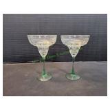 (2)7.5"  Clear Glass w/Green Stem Margarita Glass