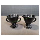 Vtg Hazel Atlas Ovide Black Glass Creamer & Sugar