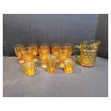 Amber Thumbprint Pitcher w/ (11) Glasses