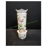 Vintage LBK Ceramic Floral 2pc Vase & Stand