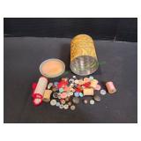 Coffee Tin w/ Vtg Buttons, Thread & More